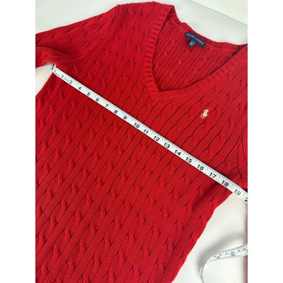 Ralph Lauren Size XL Women's Cable Knit V-Neck Sweater Fisherman Gold Pony Red - Picture 10 of 11